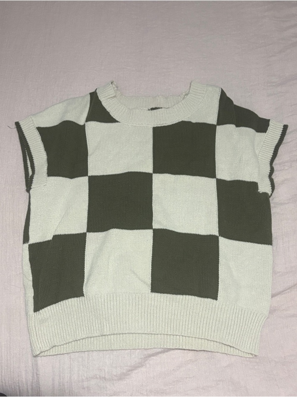 Checkerboard Knit Sweater Vest - Cream & Olive